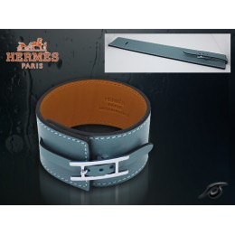 Hermes Fleuron Large Leather Blue Bracelet With Silver